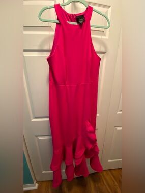 Lovely Grace Hot Pink High Neck Halter Maxi Dress Cascading Ruffle Hem XL  NWT